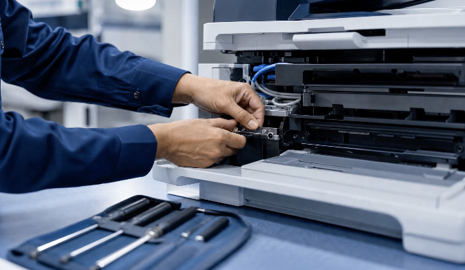Técnico revisando una impresora multifunción profesional