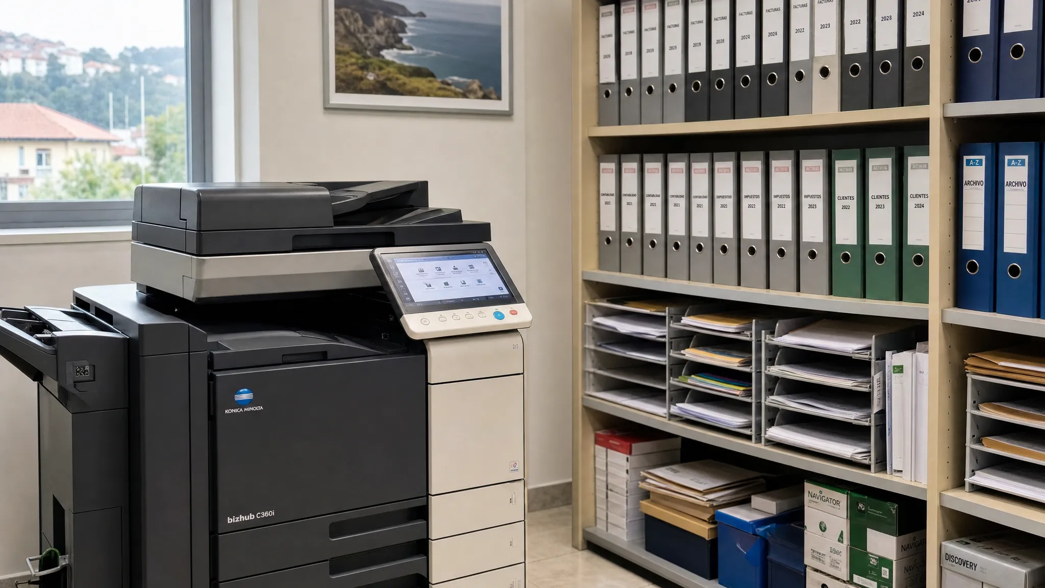 Equipo multifunción profesional junto a estanterías de archivo con carpetas etiquetadas, bandejas de papel y documentos organizados en una oficina de Cantabria.