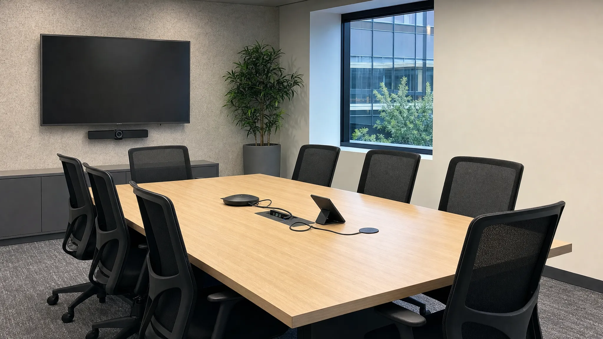 Una sala de reuniones con una mesa amplia, varias sillas de oficina cómodas, un monitor y conexiones visibles sobre la mesa, con un ambiente ordenado y profesional.